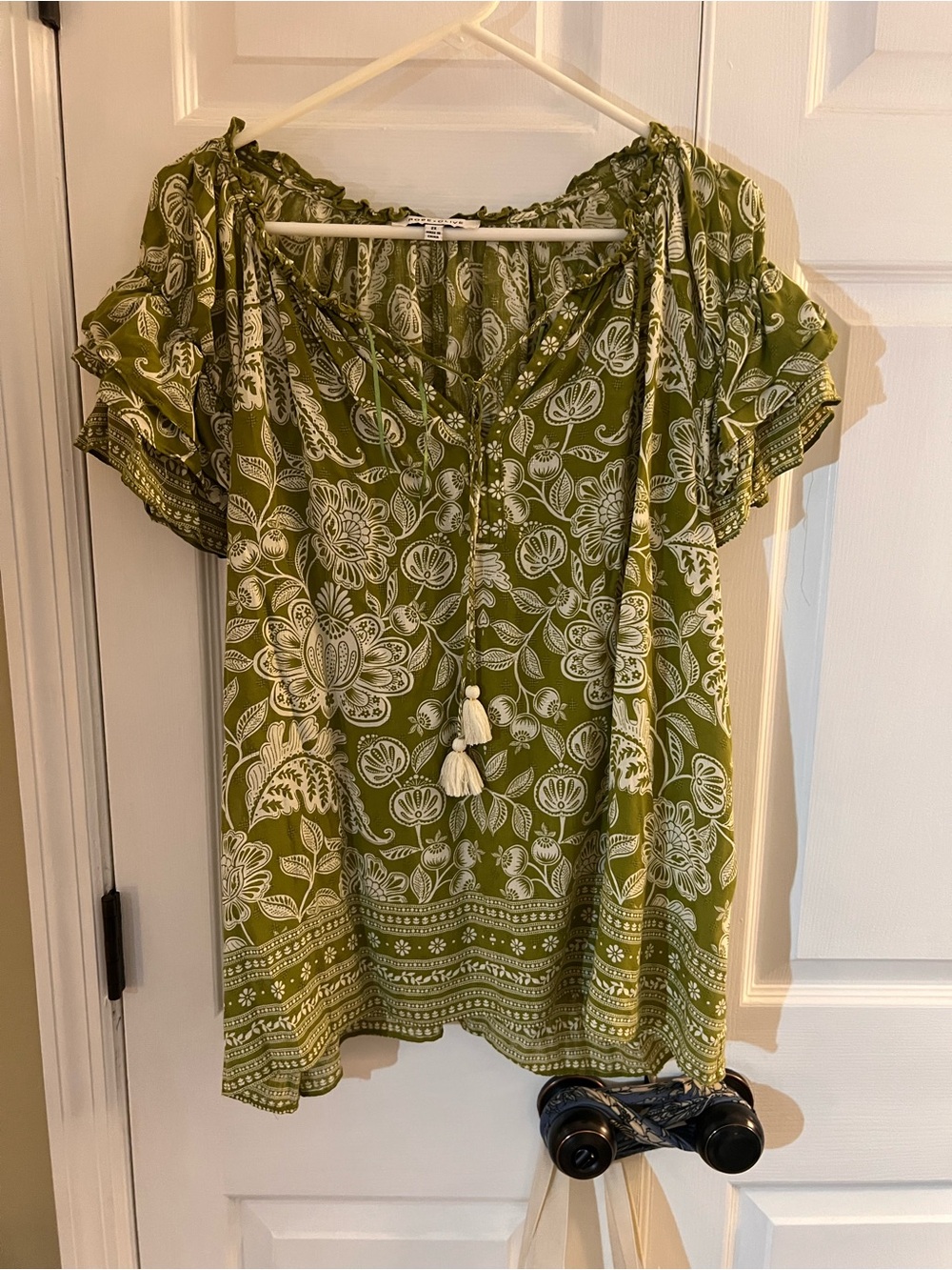 Rose & Olive Olive Green Floral Peasant Blouse with Tassel Tie